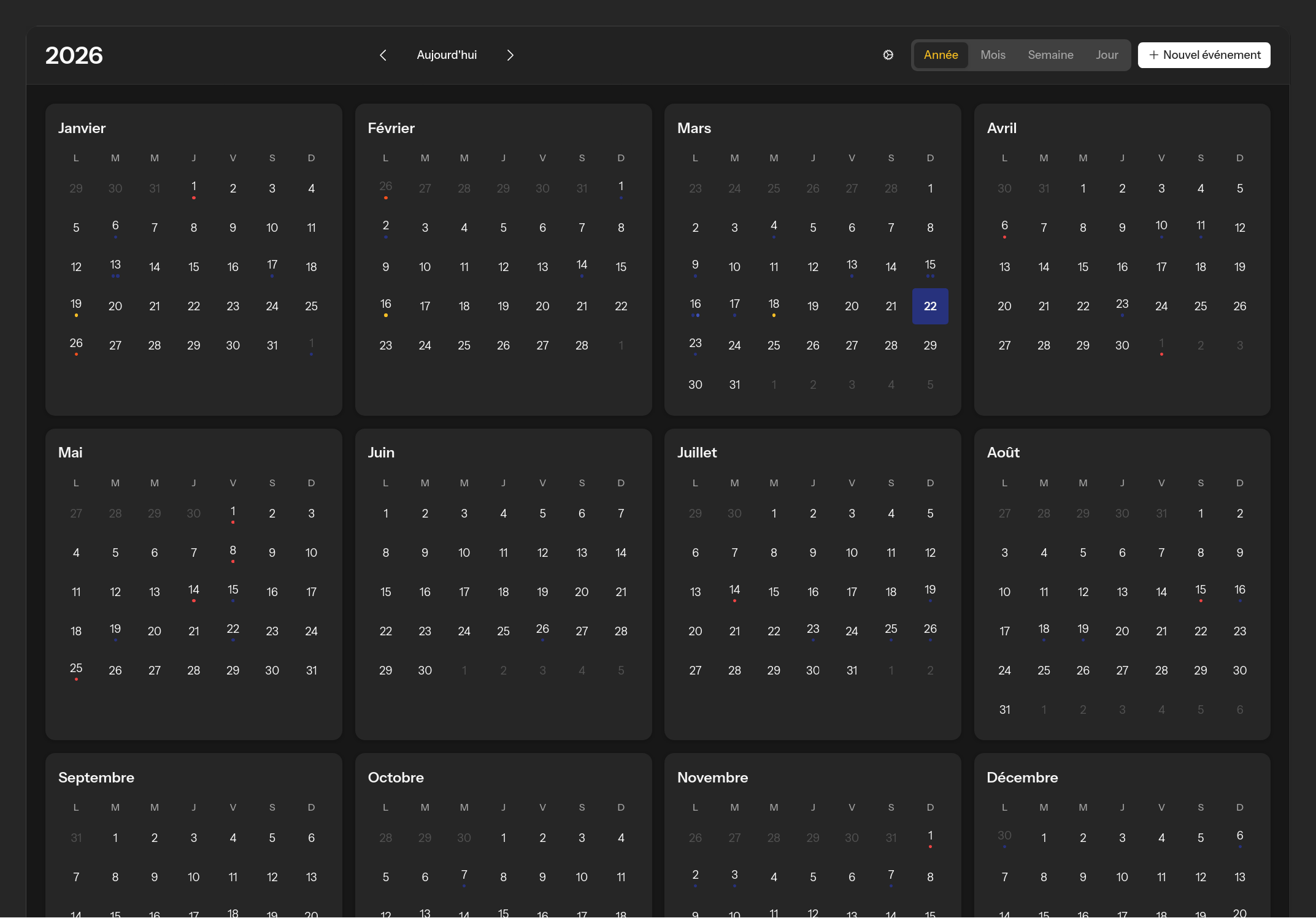 Capture d'ecran de la vue annuelle du calendrier Elix