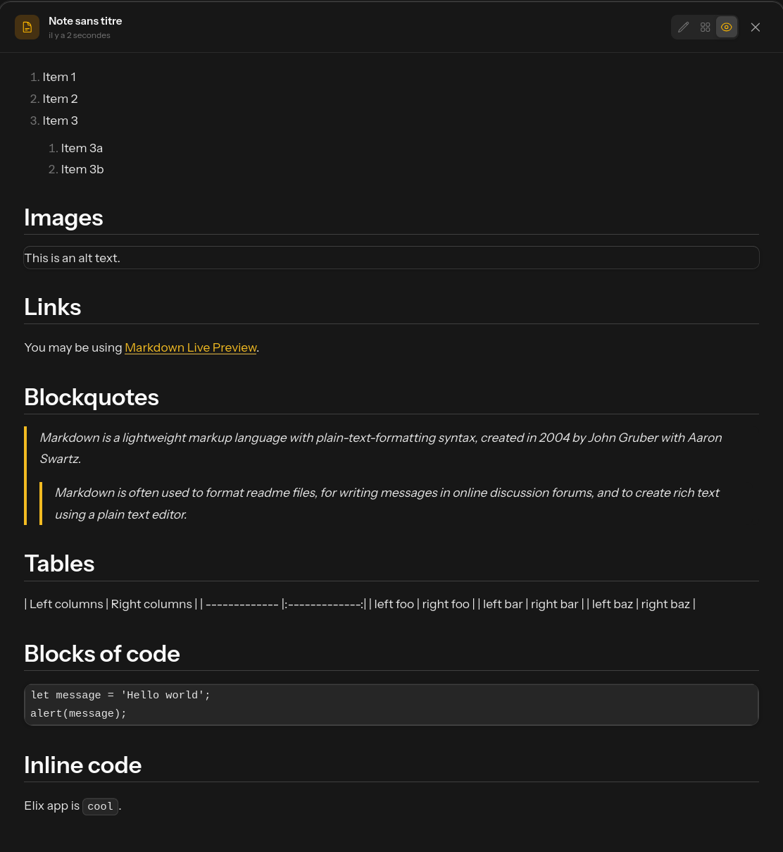 Capture d'ecran de l'editeur de notes Markdown dans Elix