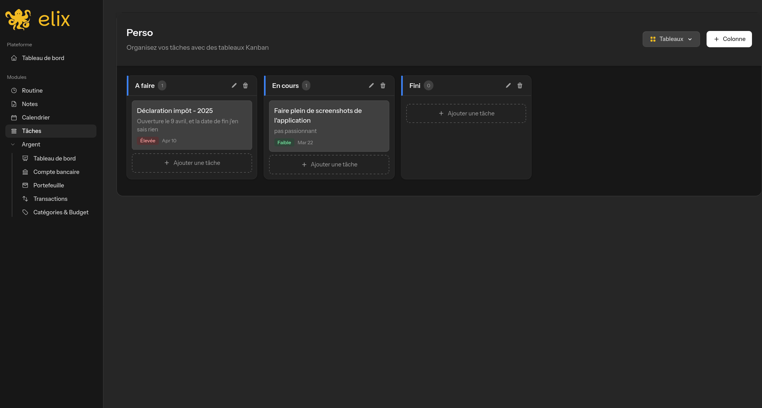 Capture d'ecran du tableau Kanban de gestion de taches dans Elix