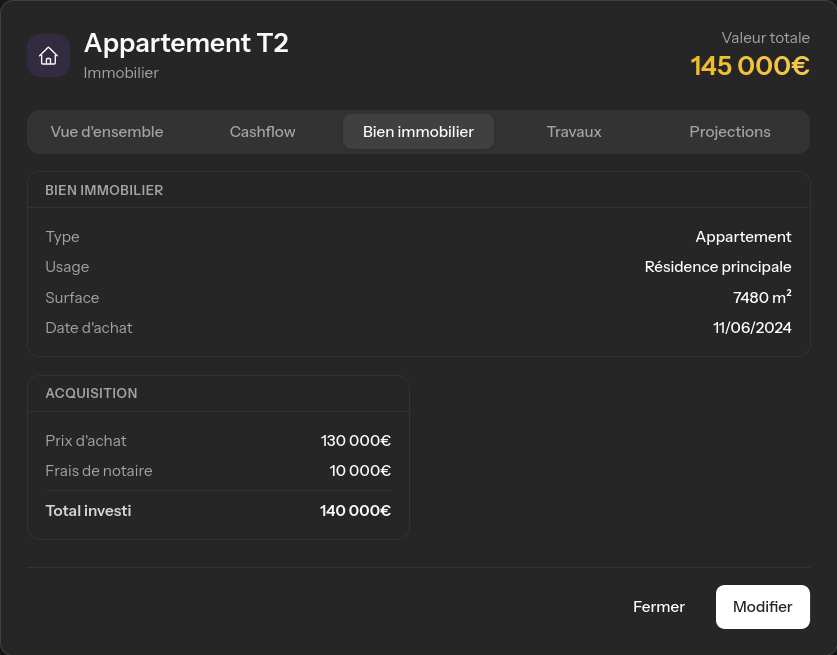 Capture d'ecran du detail d'un bien immobilier dans Elix