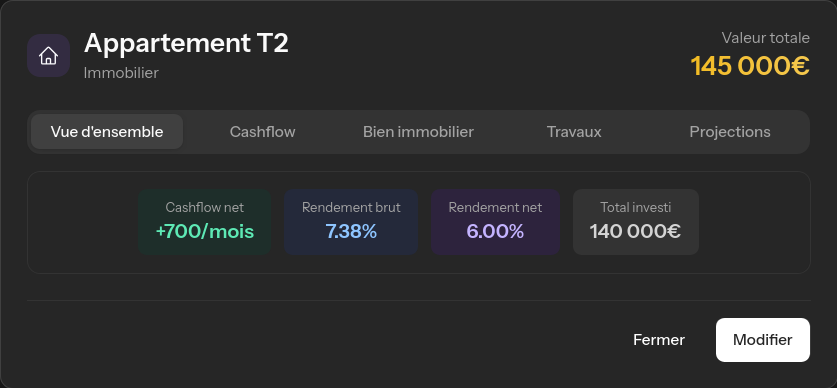 Capture d'ecran de la vue d'ensemble immobiliere dans Elix