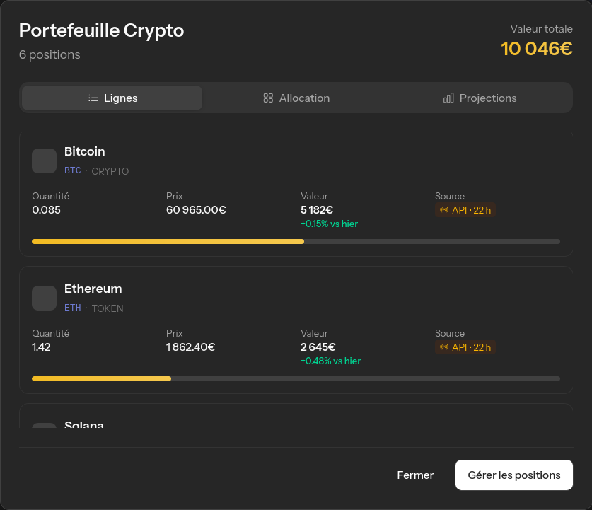 Capture d'ecran du suivi de portefeuille crypto et bourse dans Elix